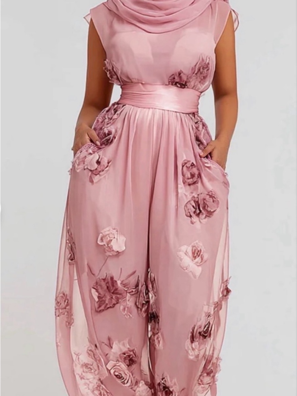 NWT BLUSH  Pink Floral Embroidered Jumpsuit with POCKETS Satin Waist SIZE LARGE